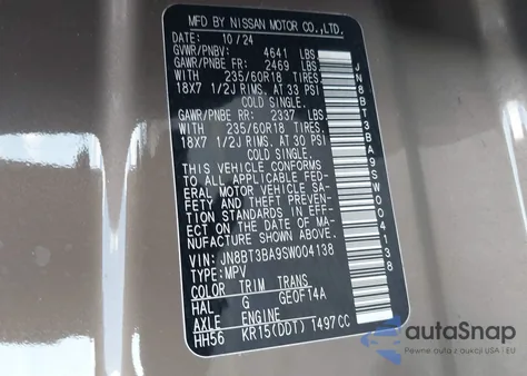 2025 Nissan Rogue Sv Fwd z USA, uszkodzony, nr VIN JN8BT3BA9SW004138